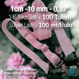 Sütyen Lastiği ve Sütyen Tokaları 3 Lü Set - Pembe 1 cm Lastik 100 mt/Rulo SUT0010Pink