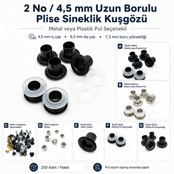 Plise Sineklik Kuşgözü 2 No 4,5 mm Uzun Borulu Metal veya Plastik Pul Seçenekli 250 Adet/Paket