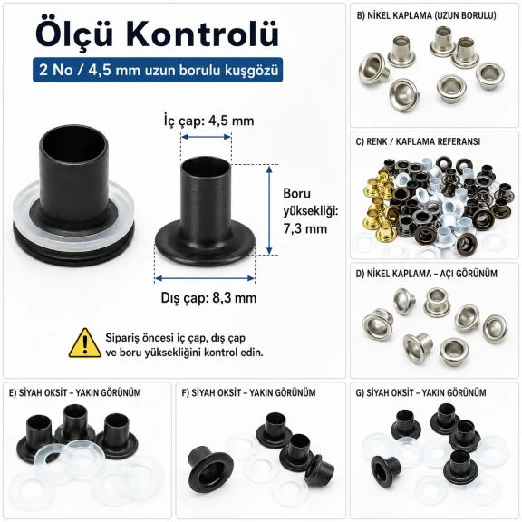 Plise Sineklik Kuşgözü 2 No 4,5 mm Uzun Borulu Metal veya Plastik Pul Seçenekli 250 Adet/Paket