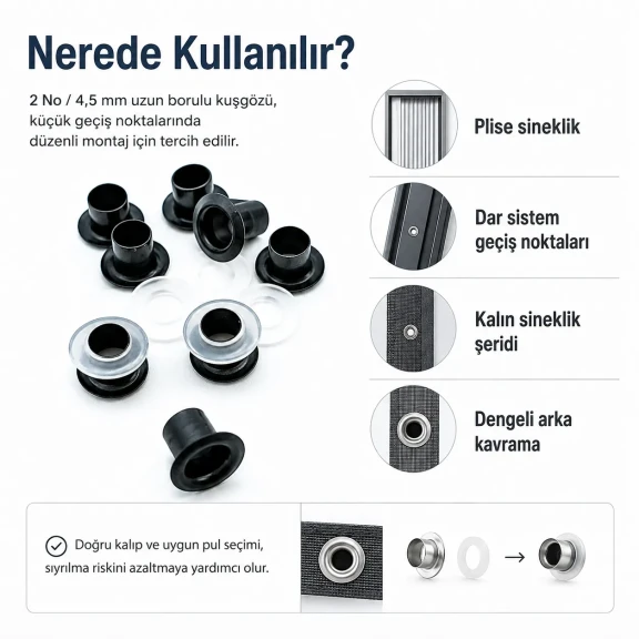 Plise Sineklik Kuşgözü 2 No 4,5 mm Uzun Borulu Metal veya Plastik Pul Seçenekli 250 Adet/Paket