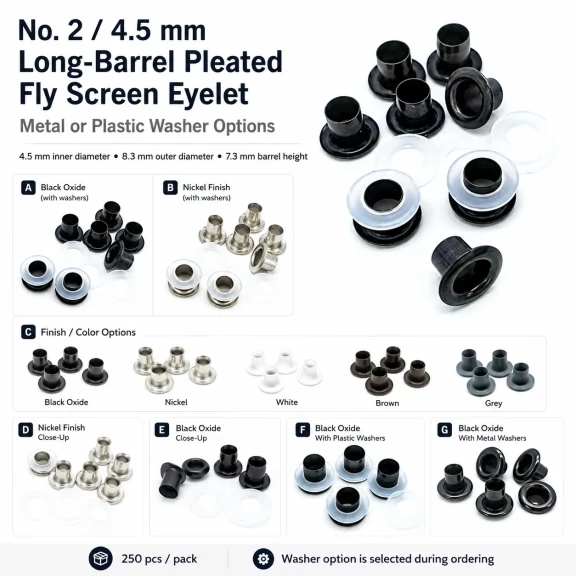 Plise Sineklik Kuşgözü 2 No 4,5 mm Uzun Borulu Metal veya Plastik Pul Seçenekli 250 Adet/Paket