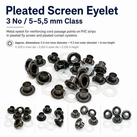 Pleated Fly Screen Eyelet 5.3 mm Inner Diameter Steel with Washer for Footwear and Bags