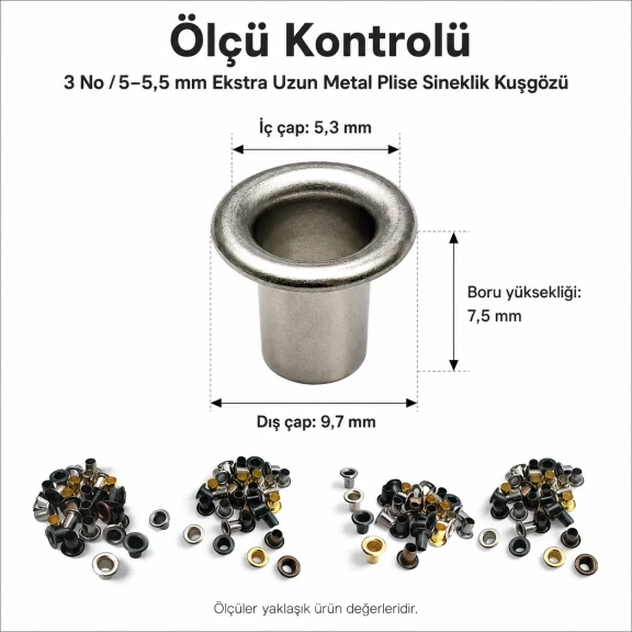 3 No Ekstra Uzun Metal Plise Sineklik Kuşgözü, 5-5,5 mm, kumaş, deri ve tekstil aksesuarları için ideal