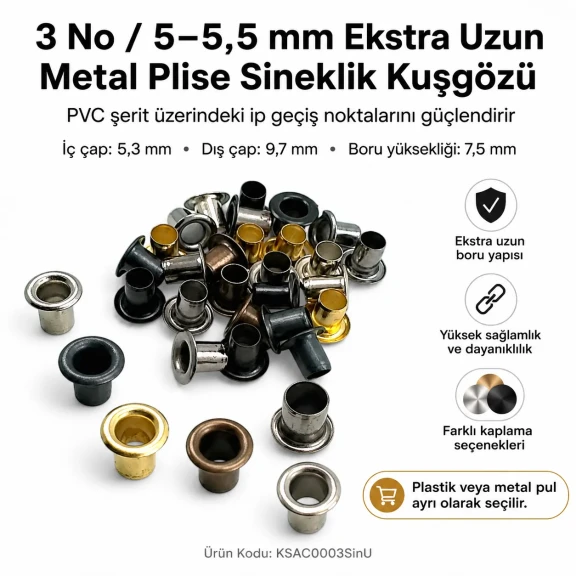 3 No Ekstra Uzun Metal Plise Sineklik Kuşgözü, 5-5,5 mm, kumaş, deri ve tekstil aksesuarları için ideal