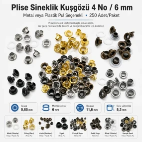 Plise Sineklik Kuşgözü 4 No / 6 mm Metal veya Plastik Pul Seçenekli 250 Adet/Paket KSAC0004Sin