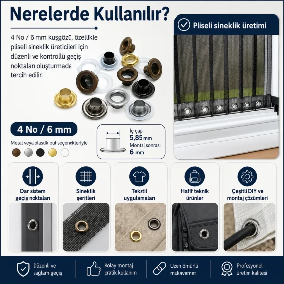 Plise sineklik kuşgözü 4 No 6 mm metal ve plastik pul seçenekleri ile 250 adet paket