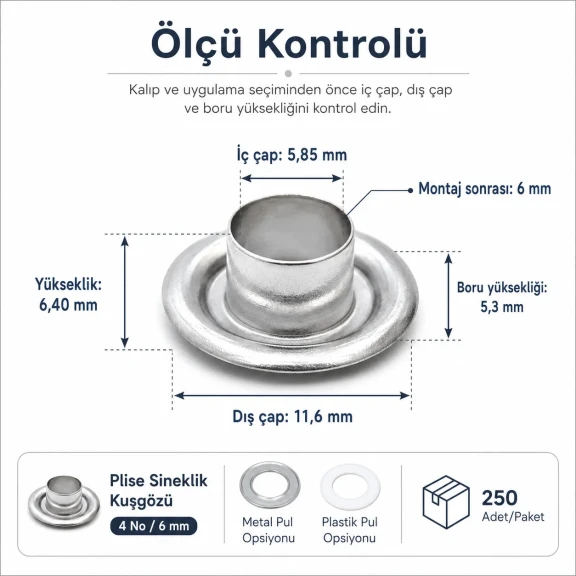 Plise sineklik kuşgözü 4 No 6 mm metal ve plastik pul seçenekleri ile 250 adet paket