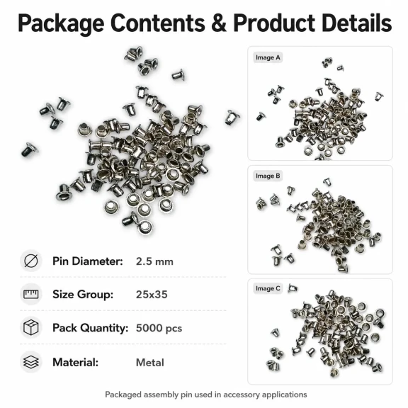 2.5 mm Steel Pin, 25x35 dimensions, 5000 pieces pack, high-grade metal for precision work