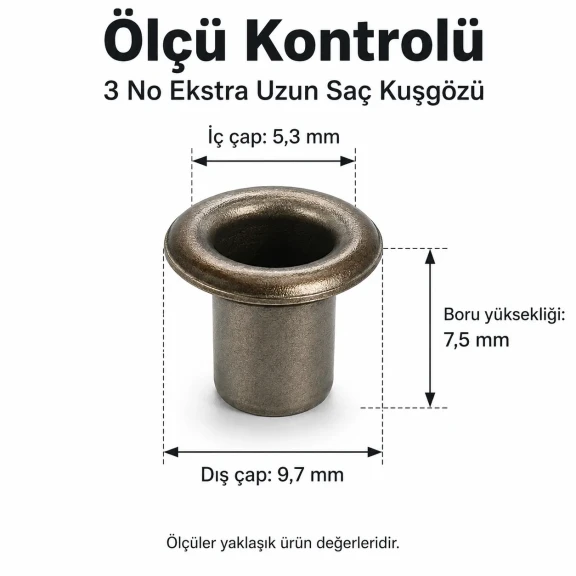 3 No Ekstra Uzun Bombeli Saç Kuşgözü 5 mm İç Çap - Tekstil ve Aksesuar Üretimi için Dayanıklı Bağlantı Elemanı