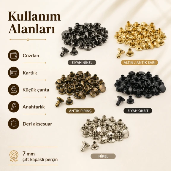 33 Perçin - 7 mm Çift Kapaklı Perçin, 7,5 mm Bacak Boyu Saç Malzeme Perçin - 500 Takım R00033CFT