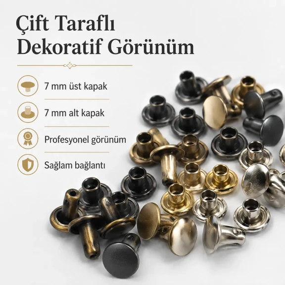 33 Perçin - 7 mm Çift Kapaklı Perçin, 7,5 mm Bacak Boyu Saç Malzeme Perçin - 500 Takım R00033CFT