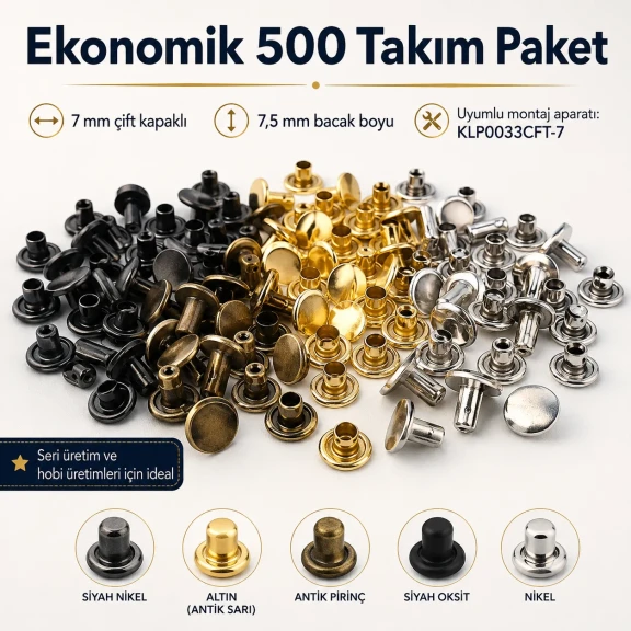 33 Perçin - 7 mm Çift Kapaklı Perçin, 7,5 mm Bacak Boyu Saç Malzeme Perçin - 500 Takım R00033CFT