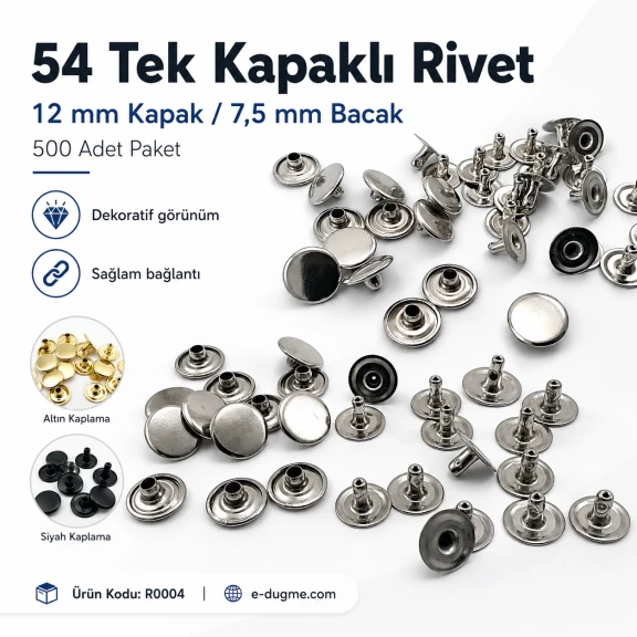 54 Tek Kapaklı Rivet 12 mm / 7,5 mm Bacak Saç Malzeme Perçin - 500 Adet R0004, metal perçin seti, dayanıklı ve yüksek