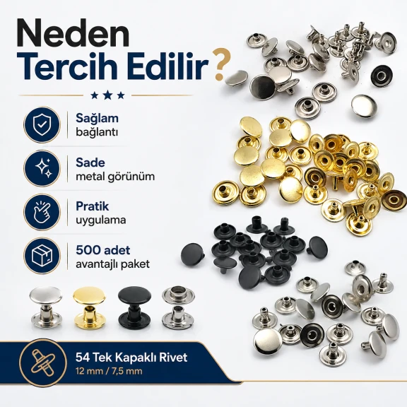 54 Tek Kapaklı Rivet 12 mm / 7,5 mm Bacak Saç Malzeme Perçin - 500 Adet R0004, metal perçin seti, dayanıklı ve yüksek
