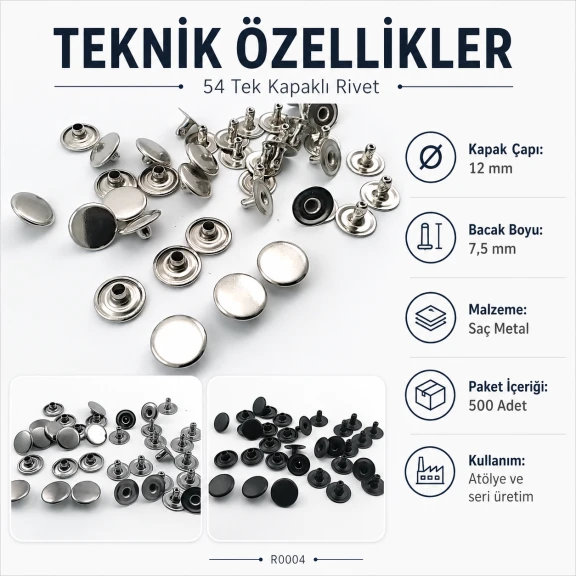 54 Tek Kapaklı Rivet 12 mm / 7,5 mm Bacak Saç Malzeme Perçin - 500 Adet R0004, metal perçin seti, dayanıklı ve yüksek