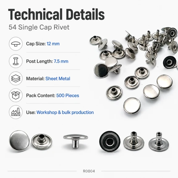 54 Tek Kapaklı Rivet 12 mm / 7,5 mm Bacak Saç Malzeme Perçin - 500 Adet R0004, metal perçin seti, dayanıklı ve yüksek