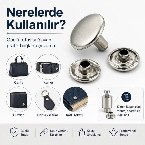 54 Tek Kapaklı Rivet 12 mm / 7,5 mm Bacak Saç Malzeme Perçin - 500 Adet, çanta, deri, kemer ve tekstil aksesuarları için