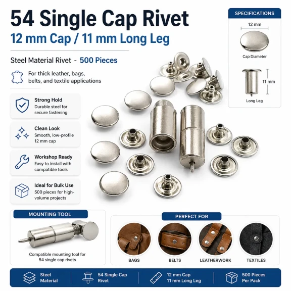 54 Tek Kapaklı Rivet 12 mm / 7,5 mm Bacak Saç Malzeme Perçin - 500 Adet, çanta, deri, kemer ve tekstil aksesuarları için