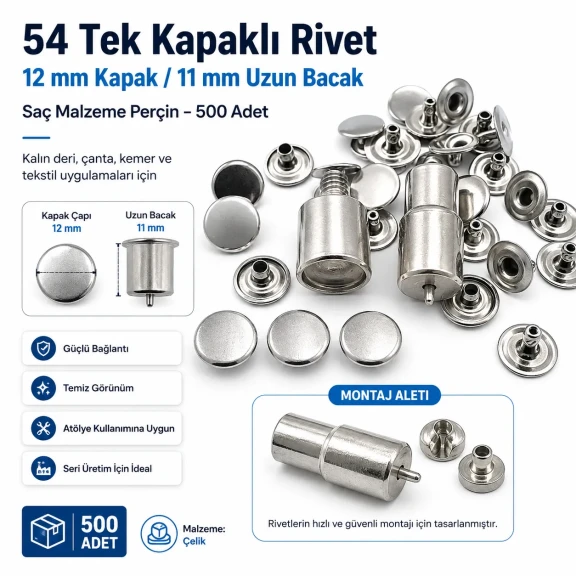 54 Tek Kapaklı Rivet 12 mm / 7,5 mm Bacak Saç Malzeme Perçin - 500 Adet, çanta, deri, kemer ve tekstil aksesuarları için