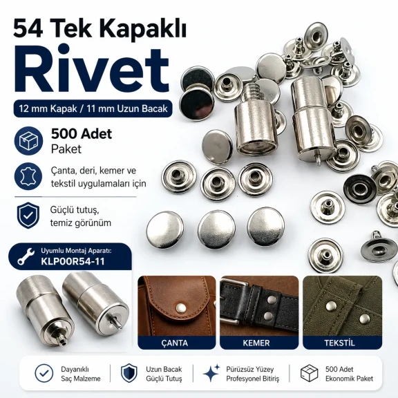 54 Tek Kapaklı Rivet 12 mm / 7,5 mm Bacak Saç Malzeme Perçin - 500 Adet, çanta, deri, kemer ve tekstil aksesuarları için