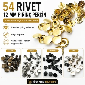 54 Rivet 12 mm Kapak / 7 mm Bacak Pirinç Perçin – 500 Adet R00054PR