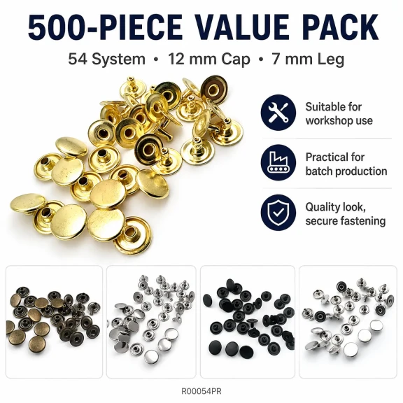 54 Rivet 12 mm Kapak / 7 mm Bacak Pirinç Perçin - 500 Adet R00054PR, çanta, kemer ve tekstil aksesuarları için dekoratif ve