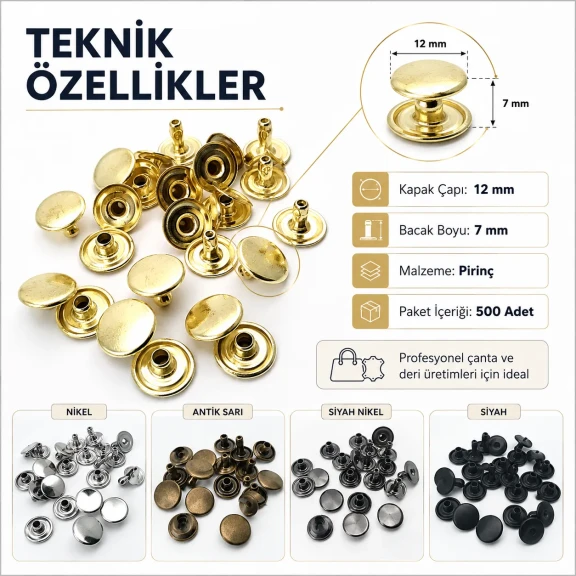 54 Rivet 12 mm Kapak / 7 mm Bacak Pirinç Perçin - 500 Adet R00054PR, çanta, kemer ve tekstil aksesuarları için dekoratif ve