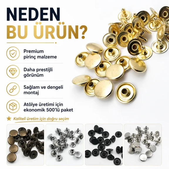 54 Rivet 12 mm Kapak / 7 mm Bacak Pirinç Perçin - 500 Adet R00054PR, çanta, kemer ve tekstil aksesuarları için dekoratif ve