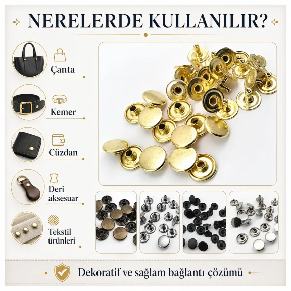 54 Rivet 12 mm Kapak / 7 mm Bacak Pirinç Perçin - 500 Adet R00054PR, çanta, kemer ve tekstil aksesuarları için dekoratif ve