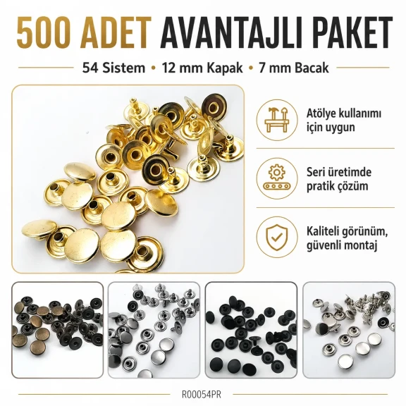 54 Rivet 12 mm Kapak / 7 mm Bacak Pirinç Perçin - 500 Adet R00054PR, çanta, kemer ve tekstil aksesuarları için dekoratif ve