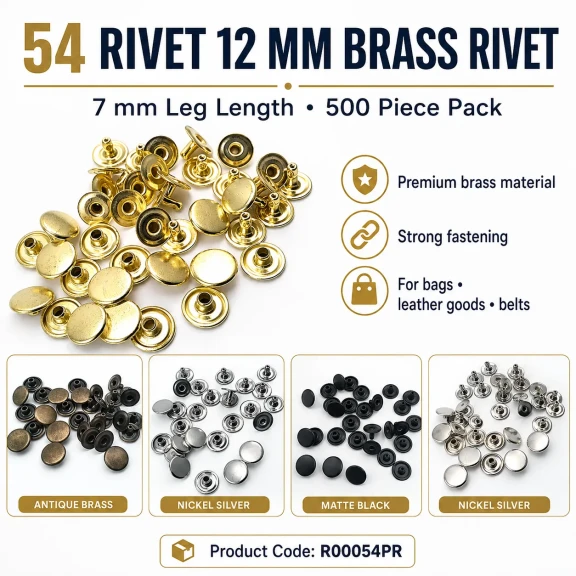 54 Rivet 12 mm Kapak / 7 mm Bacak Pirinç Perçin - 500 Adet R00054PR, çanta, kemer ve tekstil aksesuarları için dekoratif ve