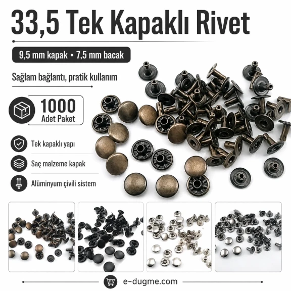 33.5 Single Cap Rivet 9.5 mm (0.37") / 7.5 mm (0.29") Post Steel Rivet – 1000 Pieces R000595