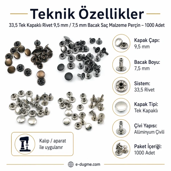 33.5 Single Cap Rivet 9.5 mm (0.37") / 7.5 mm (0.29") Post Steel Rivet – 1000 Pieces R000595