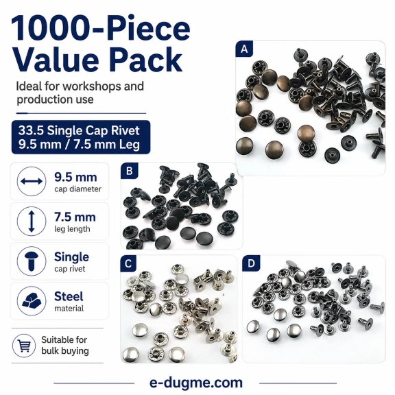 33.5 Single Cap Rivet 9.5 mm (0.37") / 7.5 mm (0.29") Post Steel Rivet – 1000 Pieces R000595