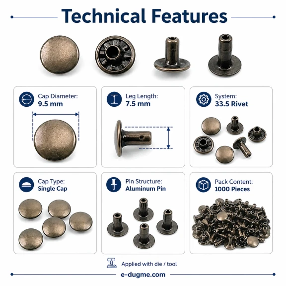 33.5 Single Cap Rivet 9.5 mm (0.37") / 7.5 mm (0.29") Post Steel Rivet – 1000 Pieces R000595