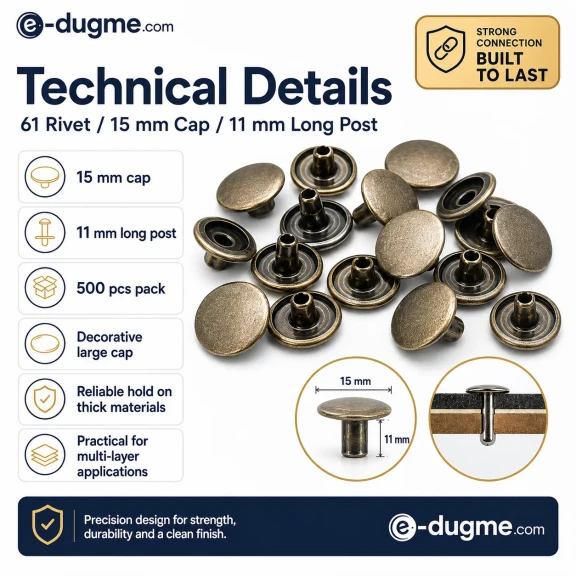 61 Rivet 15 mm Kapak - 11 mm Uzun Bacak Saç Malzeme Perçin - 500 Adet R00061-11