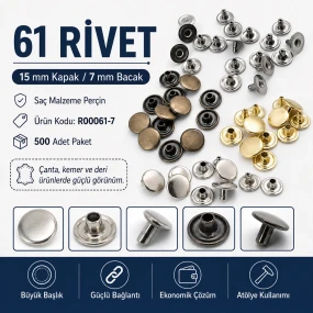 61 Rivet 15 mm Kapak / 7 mm Bacak Saç Malzeme Perçin – 500 Adet R00061-7