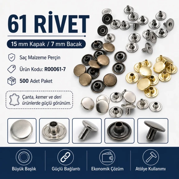 61 Rivet 15 mm Kapak / 7 mm Bacak Saç Malzeme Perçin - 500 Adet, çanta, kemer, tekstil aksesuarları için uygun dekoratif ve