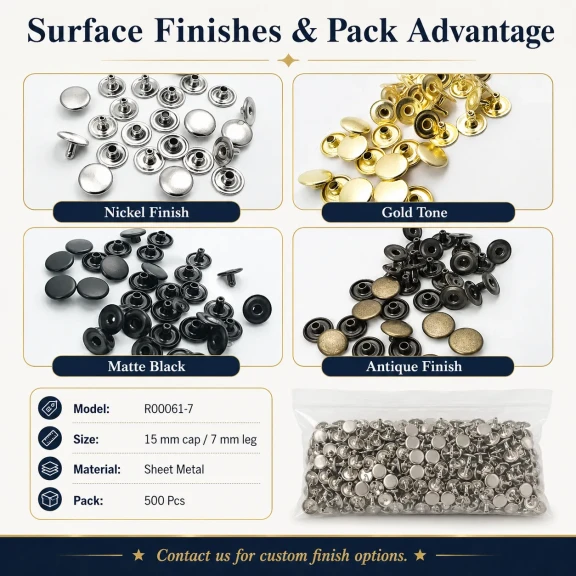 61 Rivet 15 mm Kapak / 7 mm Bacak Saç Malzeme Perçin - 500 Adet, çanta, kemer, tekstil aksesuarları için uygun dekoratif ve
