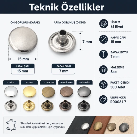 61 Rivet 15 mm Kapak / 7 mm Bacak Saç Malzeme Perçin - 500 Adet, çanta, kemer, tekstil aksesuarları için uygun dekoratif ve