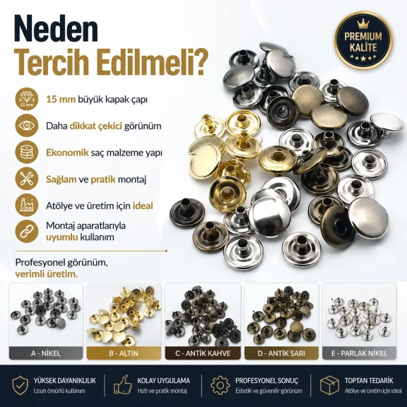 61 Rivet 15 mm Kapak / 7 mm Bacak Saç Malzeme Perçin - 500 Adet, çanta, kemer, tekstil aksesuarları için uygun dekoratif ve