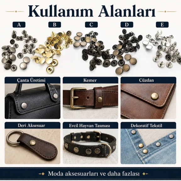 61 Rivet 15 mm Kapak / 7 mm Bacak Saç Malzeme Perçin - 500 Adet, çanta, kemer, tekstil aksesuarları için uygun dekoratif ve