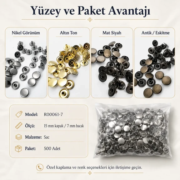 61 Rivet 15 mm Kapak / 7 mm Bacak Saç Malzeme Perçin - 500 Adet, çanta, kemer, tekstil aksesuarları için uygun dekoratif ve