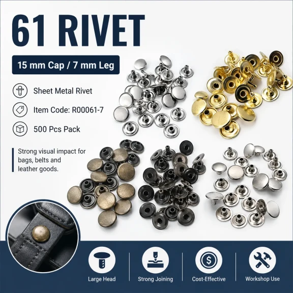 61 Rivet 15 mm Kapak / 7 mm Bacak Saç Malzeme Perçin - 500 Adet, çanta, kemer, tekstil aksesuarları için uygun dekoratif ve