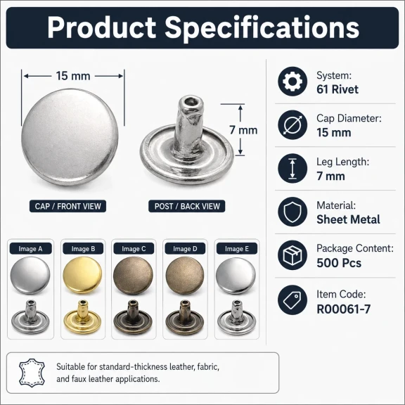 61 Rivet 15 mm Kapak / 7 mm Bacak Saç Malzeme Perçin - 500 Adet, çanta, kemer, tekstil aksesuarları için uygun dekoratif ve