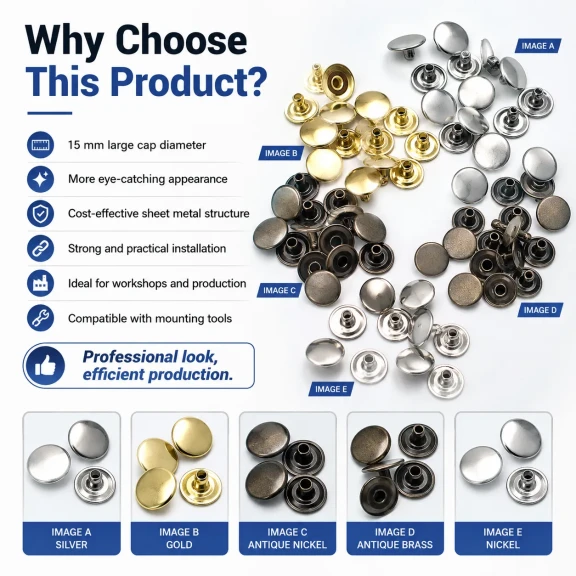 61 Rivet 15 mm Kapak / 7 mm Bacak Saç Malzeme Perçin - 500 Adet, çanta, kemer, tekstil aksesuarları için uygun dekoratif ve