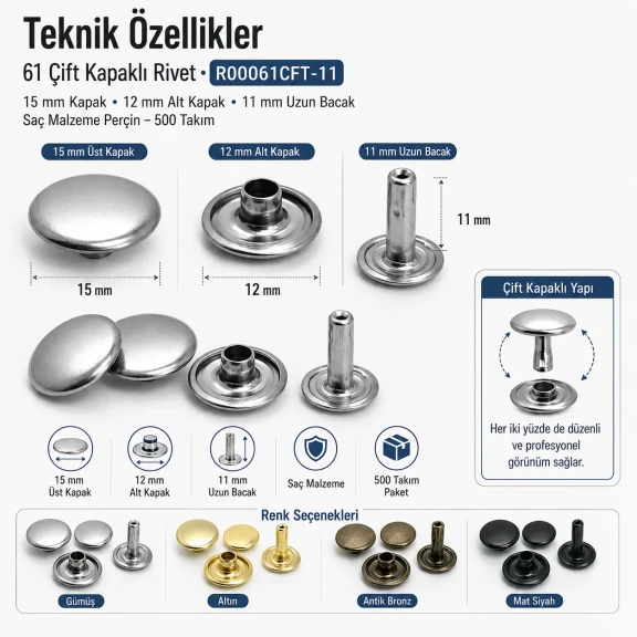 61 Çift Kapaklı Rivet 15 mm Kapak 12 mm Alt Kapak 7 mm Bacak Saç Malzeme Perçin - 500 Takım R00061CFT-7