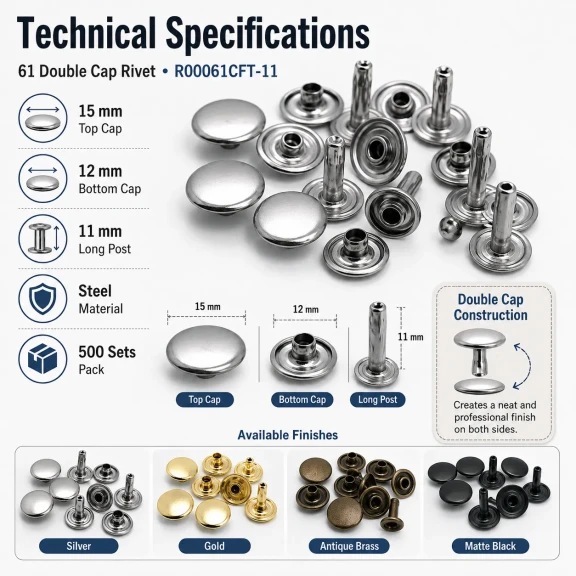 61 Çift Kapaklı Rivet 15 mm Kapak 12 mm Alt Kapak 7 mm Bacak Saç Malzeme Perçin - 500 Takım R00061CFT-7
