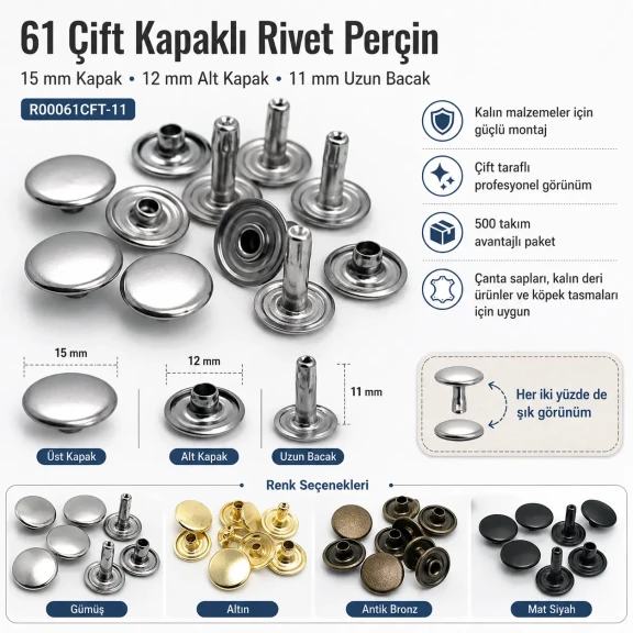 61 Çift Kapaklı Rivet 15 mm Kapak 12 mm Alt Kapak 7 mm Bacak Saç Malzeme Perçin - 500 Takım R00061CFT-7