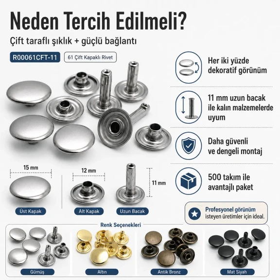 61 Çift Kapaklı Rivet 15 mm Kapak 12 mm Alt Kapak 7 mm Bacak Saç Malzeme Perçin - 500 Takım R00061CFT-7
